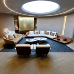 Modern Curved Luxury Sectional Sofa Collection with Integrated Display Side Table, Premium Leather & Fabric Upholstery